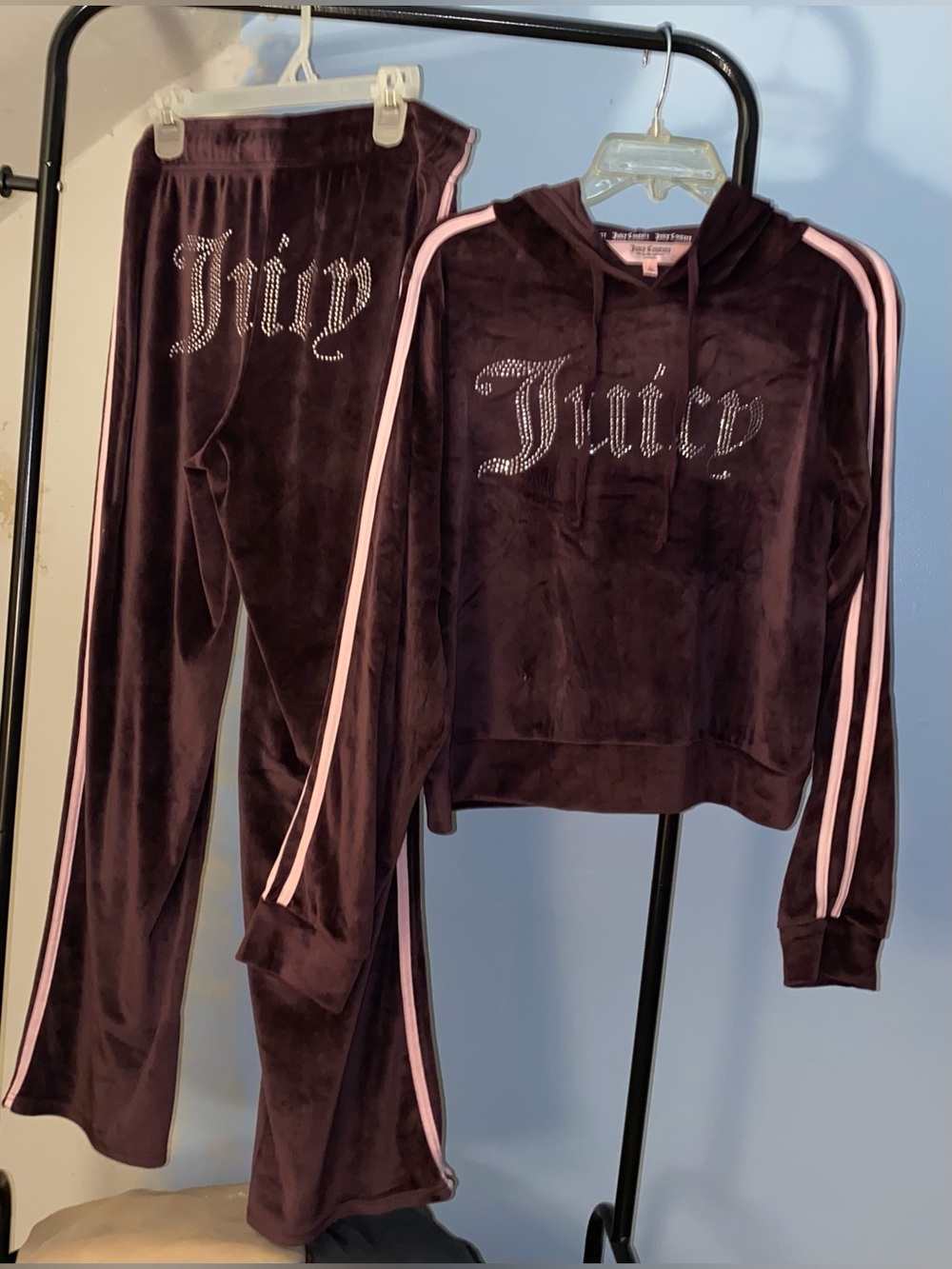 Juicy Couture Velour Hoodie & Jogger Set - Plum with Pink Stripes